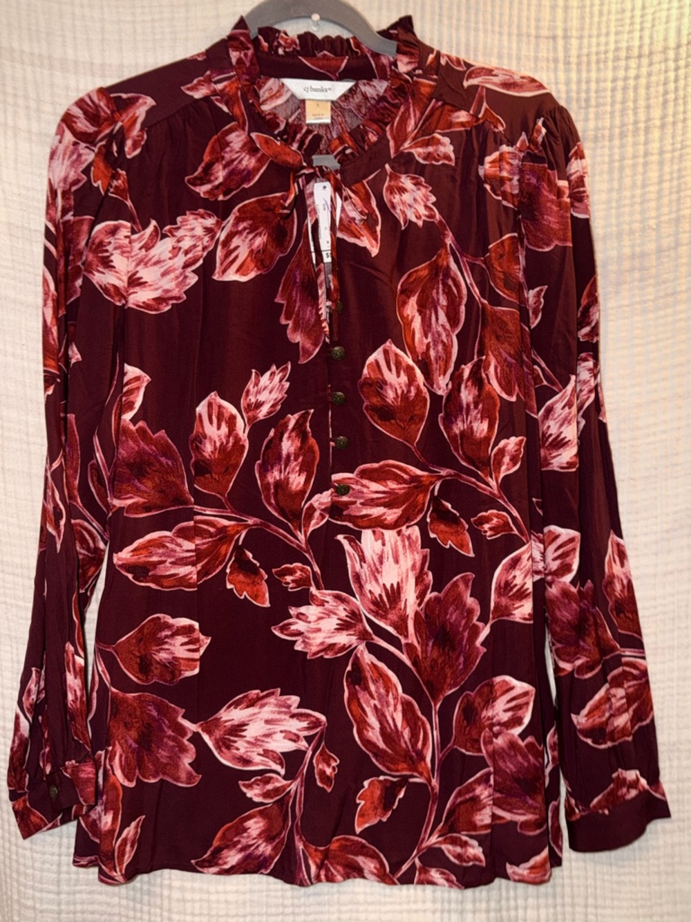 NWT CJ Banks Burgundy and maroon 
 Casual Floral Tie Neck Blouse size X -I